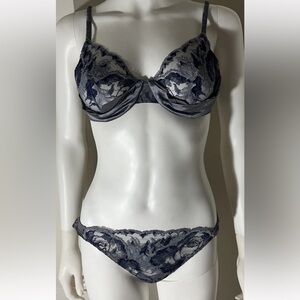 NWT La Perla Floral Sheer Lace Blue Balcony Bra (36C) & Thong (38) Set